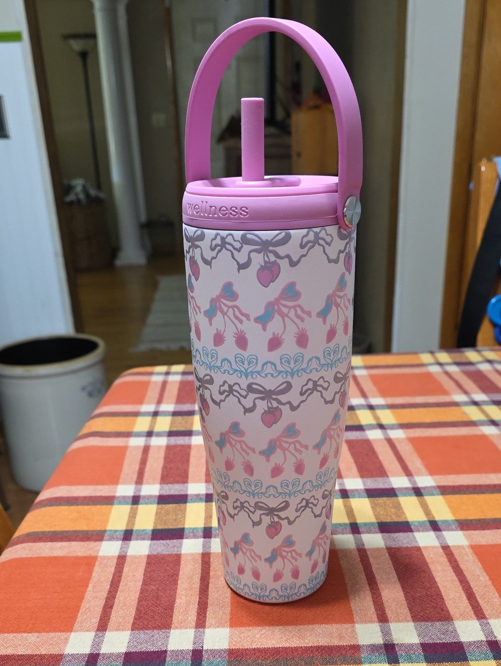 Pink Floral Straw Bottle with Handle